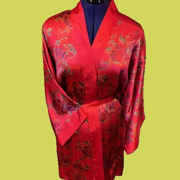 Vintage Red Kimono short floral print Robe 14/20 - Picture 2 of 8